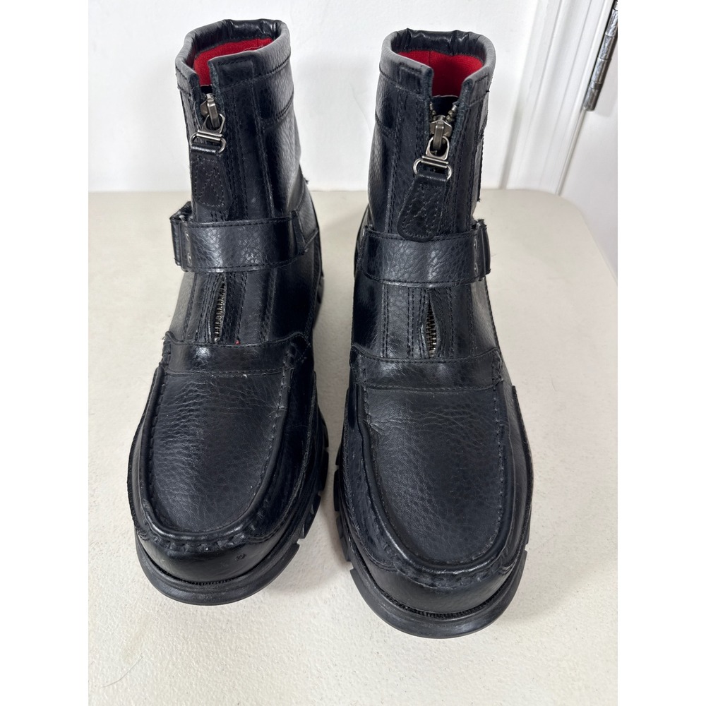 Polo Ralph Lauren Mens Black Leather Zip Front Buckle Strap Lug Sole Boot men 10